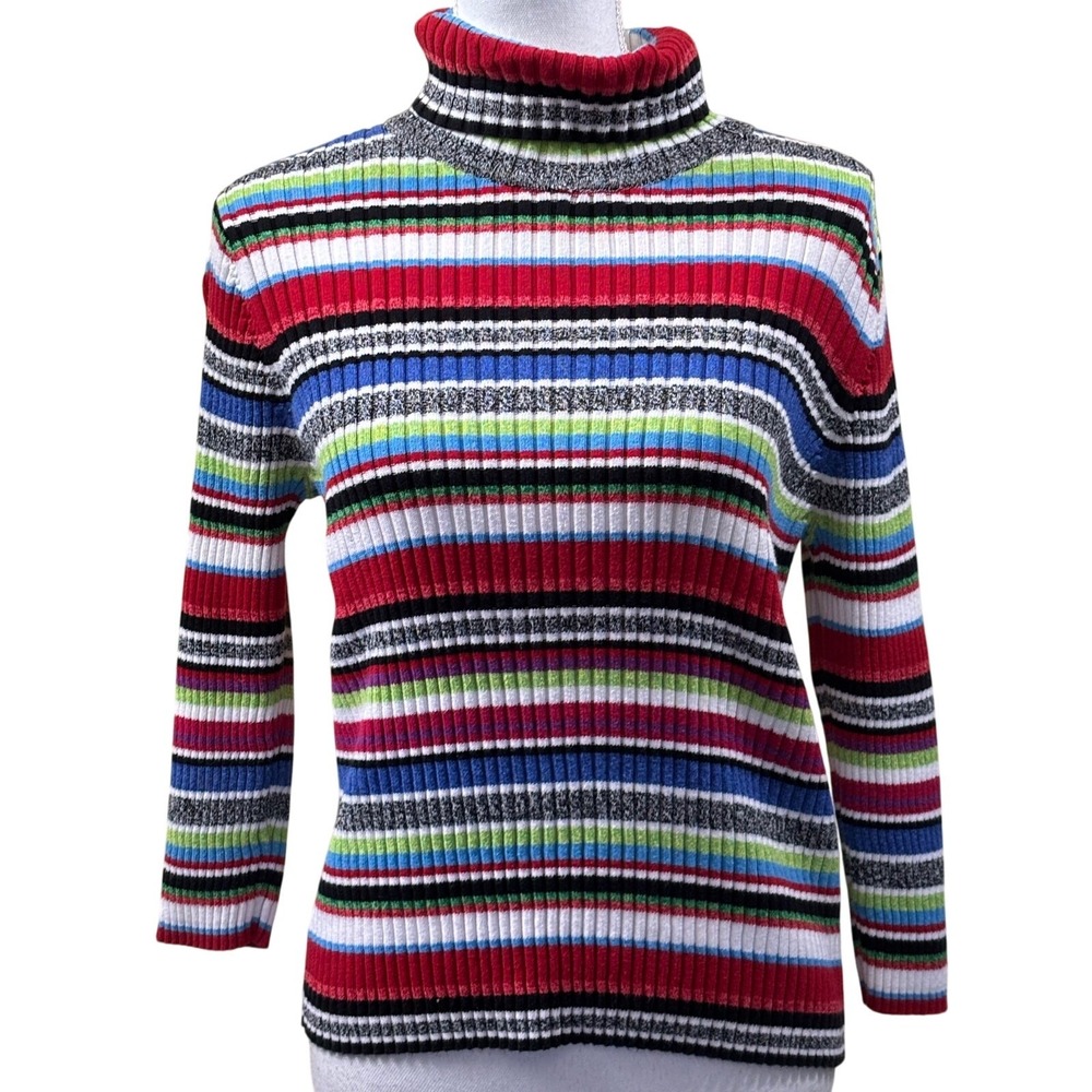 Fisher Hill Large Turtleneck Sweater Ribbed Knit Multi Color Stripe UK Cheerful